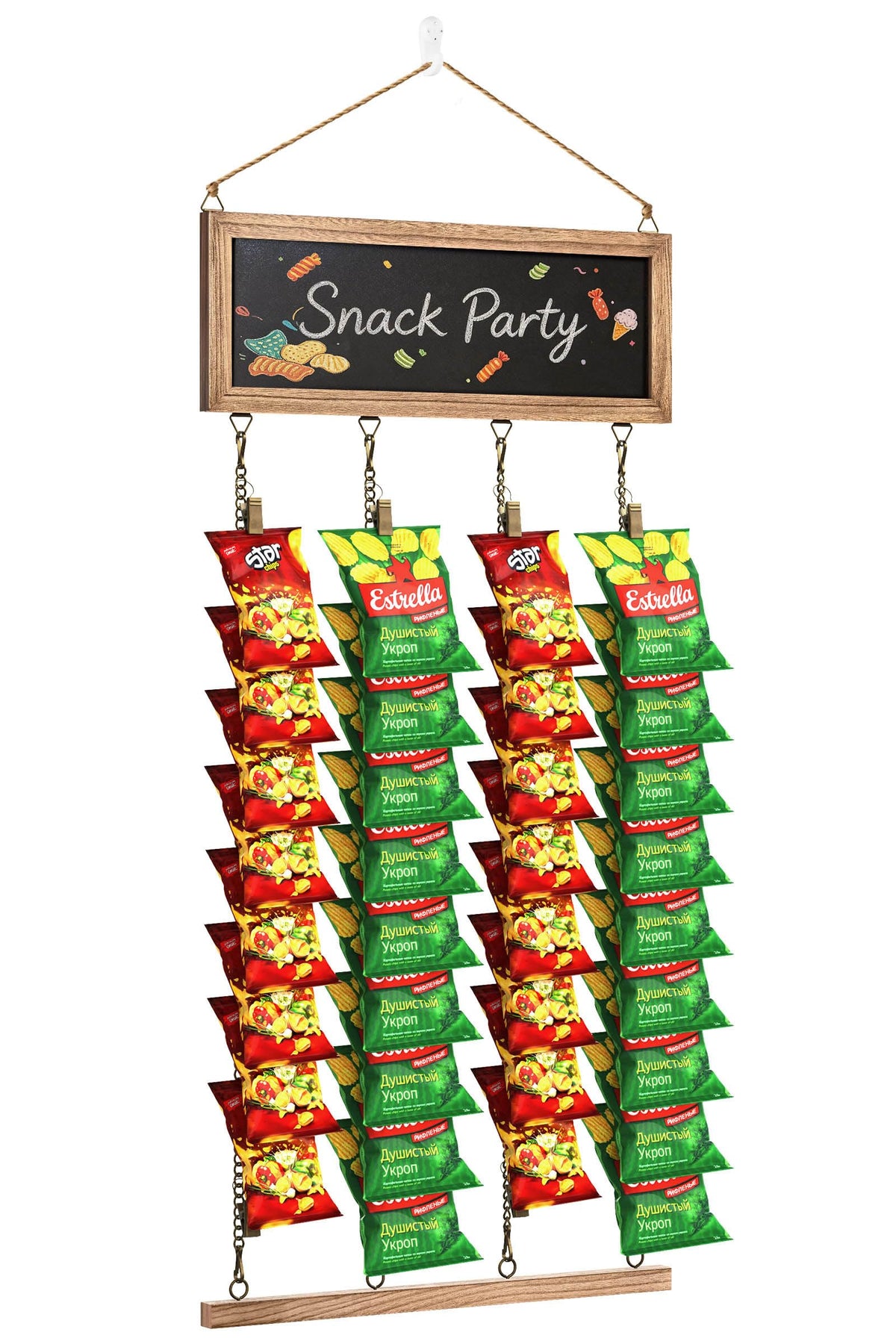 Srillollar Hanging Chip Display Rack Stand, Wall Mounted Chip Holder Display for Potato Chips, Snacks, Candy, Wooden Snack Organizer Rack with Display Board for Party, Retail, Home, Office (40 Clips)