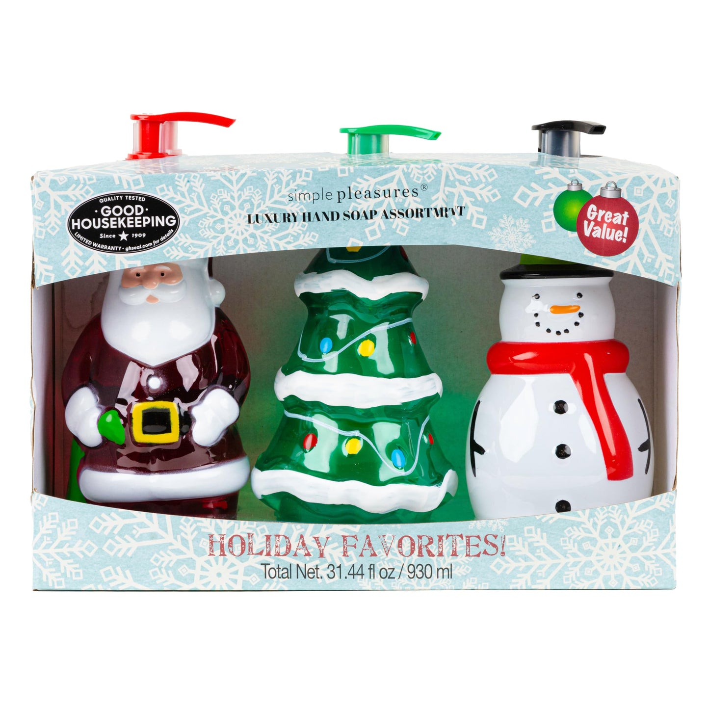 Simple Pleasures Snowman, Santa & Christmas Tree 3 Pack Holiday Soap Dispensers with Scented Liquid Soap: Decorative Hand Pump Refillable Christmas Soap Dispenser for Kitchen and Bathroom Sinks