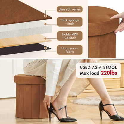 Phantoscope Storage Ottoman Round15 Inch, Velvet Folding Storage Boxes Footrest Foot Ottoman Toy Box, Padded Seat for Dorm Living Room Bedroom, Support 220lbs Brown