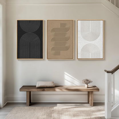 Large Framed Boho Modern Neutral Abstract Wall Art for Living Room, 3 Piece Black and White Canvas Prints Paintings Artwork for Walls, Geometric Pictures for Office Bedroom Dining Room Decor, 24x36 In