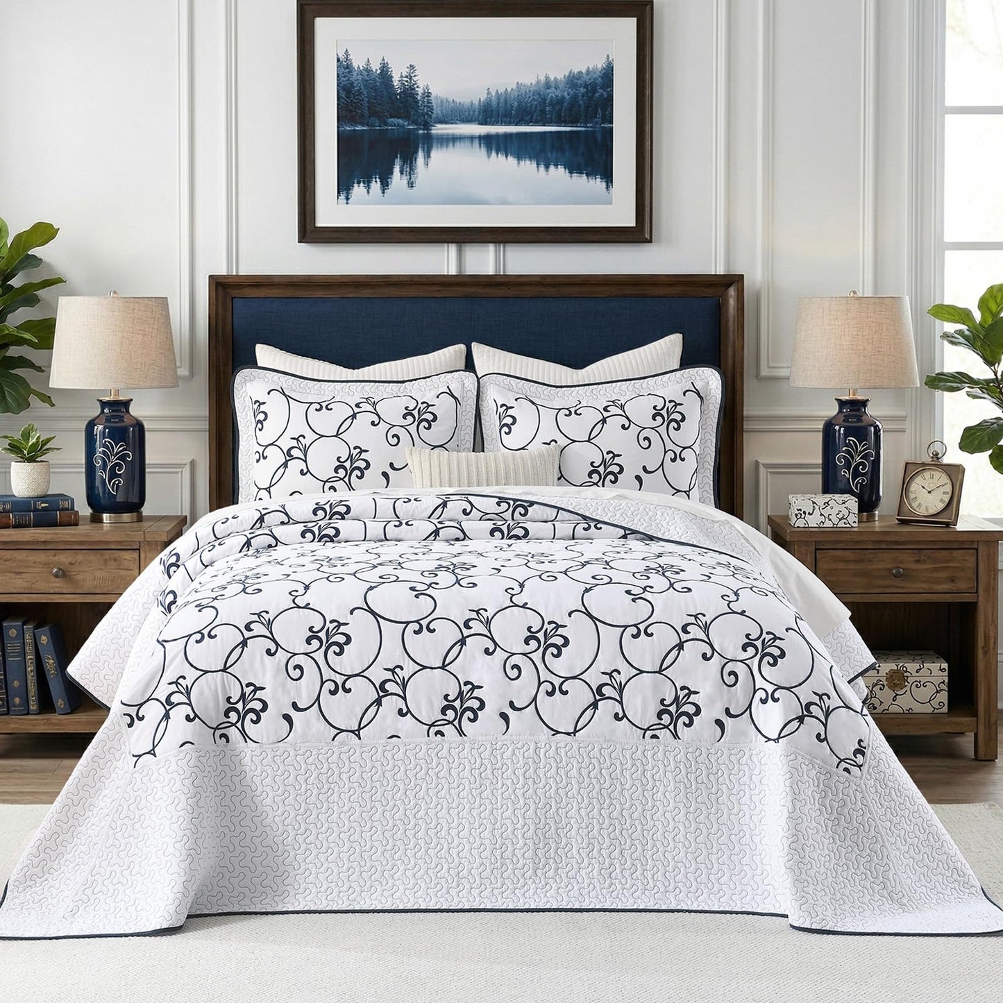 FineStichery Oversized Queen Bedspread 120"x102" - 100% Cotton Extra Large Quilt, Embroidered Bedspread Coverlet with Pillow Shams, Lightweight Quilted Bedding Set 3 Piece, Navy Blue/White