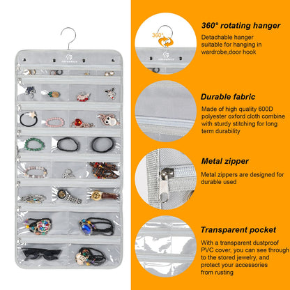 Freegrace Hanging Jewelry Organizer with Secure Zipper Closure - 360° Revolving Hanger, 25 Clear Pockets, 23 Necklace Hooks - Foldable Travel Storage & Closet Display (Gray)