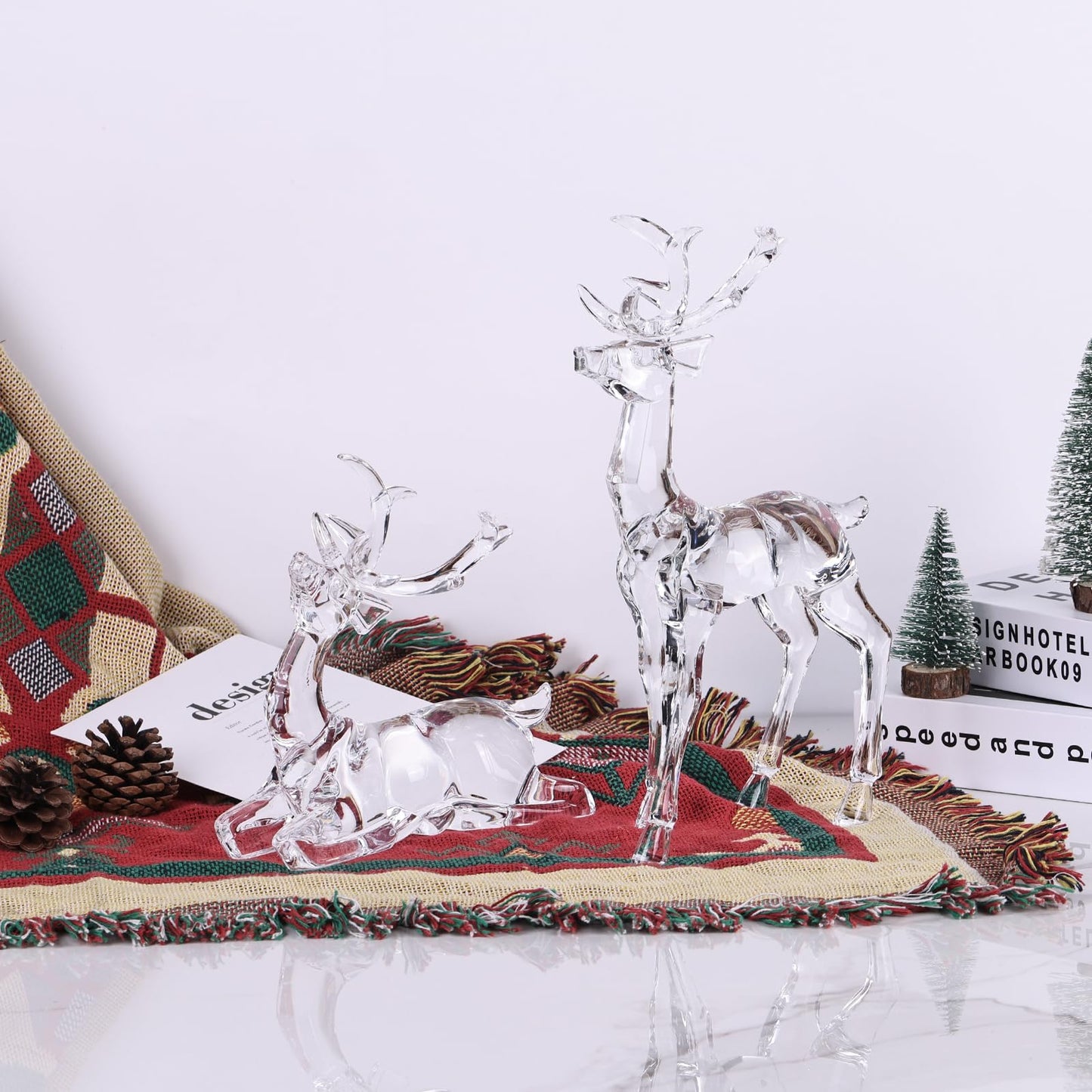 Deluxe Acrylic Christmas Deer Figurines Set of 2, White Clear Reindeer Figurines, Deer Statue and Sculpture for Holiday Reindeer Christmas Indoor Decoration Table Top High End Clear Crystal Finish