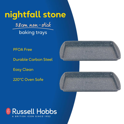 Russell Hobbs Nightfall Stone Baking Trays - Set of 2, 38cm Non-Stick Oven Tray, Lightweight, Oven Sheet for Biscuits, Cookies and Chips, Easy Clean, Durable Carbon Steel Bakeware, PFOA Free