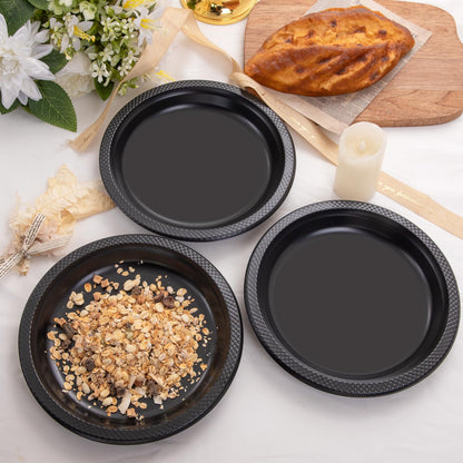 WELLIFE Black Plastic Plates 9 Inch -150 Count for Party, Plastic Disposable Dinner Plates for Halloween Picnic BBQ