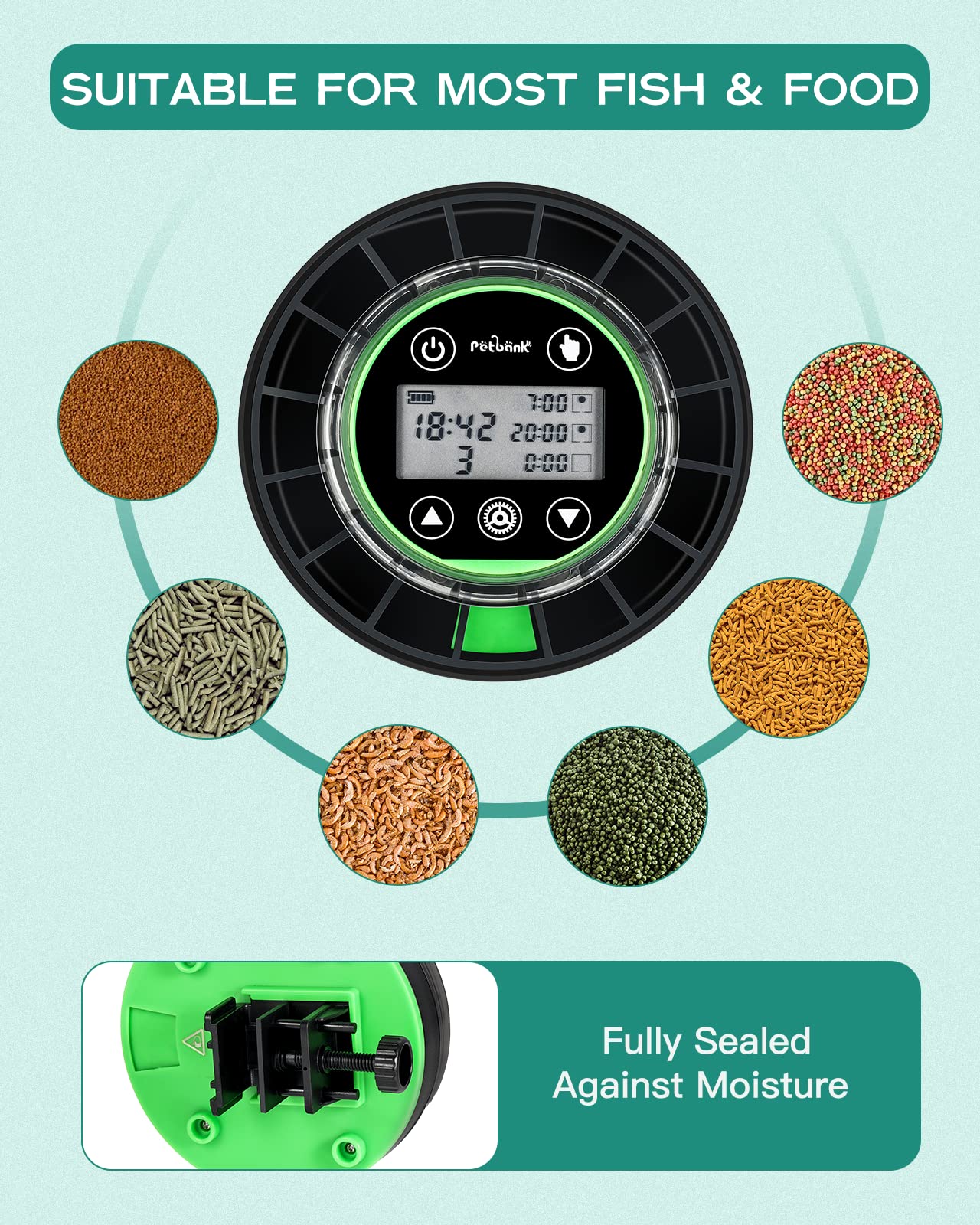 Petbank Automatic Fish Feeder for Aquarium - Moisture-Proof and Precision Feeding Betta Vacation Feeder, USB Rechargeable Auto Fish Food Dispenser with Timer,LCD Display