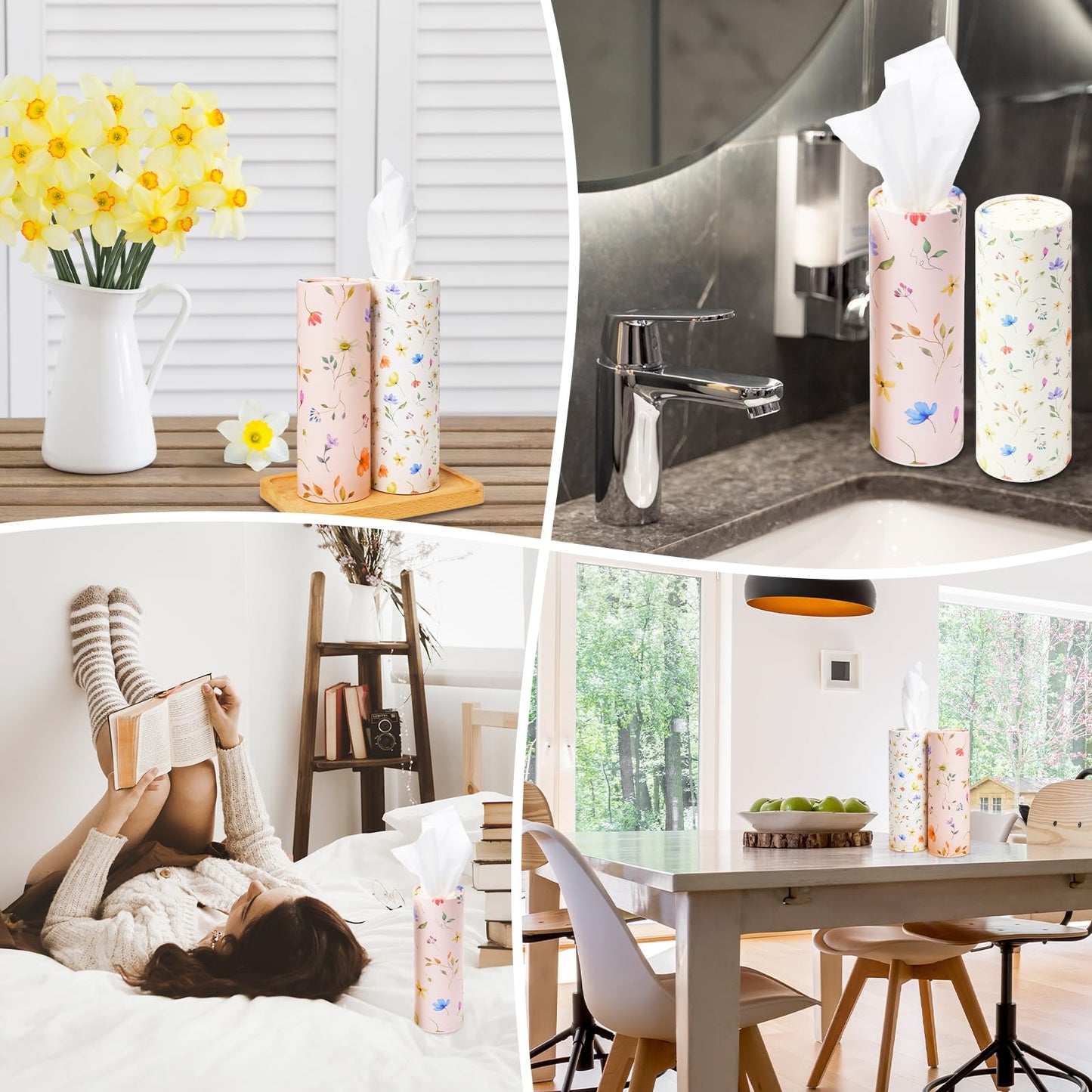 4 Pack Pink Wild Floral Car Tissue Holder with 3-Ply Facial Tissues - Round Cylinder Tissues Fits Car Cup Holder, Travel Tissues Bulk (200 Sheets 7.1x7.1") - Cute Sister Mother's Day Birtyday Gifts