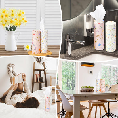 4 Pack Pink Wild Floral Car Tissue Holder with 3-Ply Facial Tissues - Round Cylinder Tissues Fits Car Cup Holder, Travel Tissues Bulk (200 Sheets 7.1x7.1") - Cute Sister Mother's Day Birtyday Gifts
