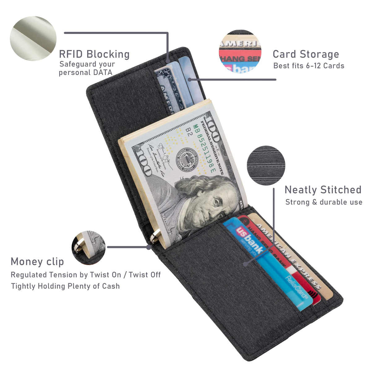 kinzd Slim Wallet with Money Clip RFID Blocking Minimalist Bifold Wallet for Men Genuine Leather Front Pocket Card Holder