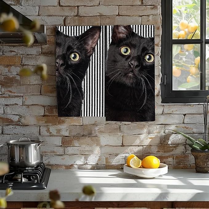Cute Black Cat Hand Towel for Bathroom Set of 2, Cat on Black White Stripes