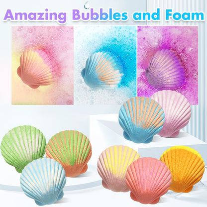 Mermaid Bath Bombs for Girls Kids with Toys Inside, 9 Pcs Natural Handmade Shell Bubble Bath Bomb Kit for Girls with Jewelry Surprise, Pefect for Christmas Easter Birthday Gift Princess Party Favor