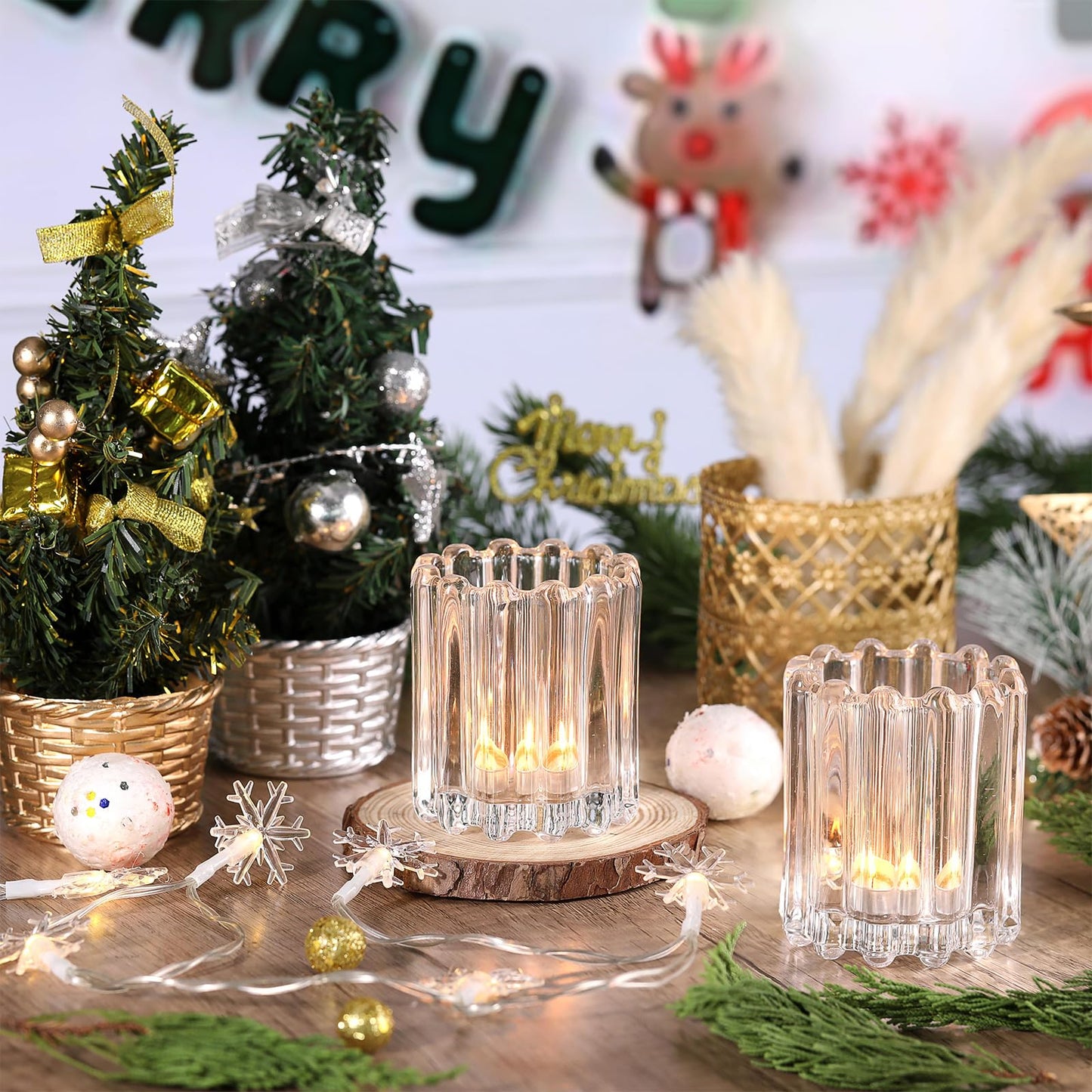 HAVITI Glass Clear Votive Candle Holder, Ribbed Votive Candle Holders Set of 6, Tealight Candle Holder for Wedding Centerpieces Dinner Party Table Decor