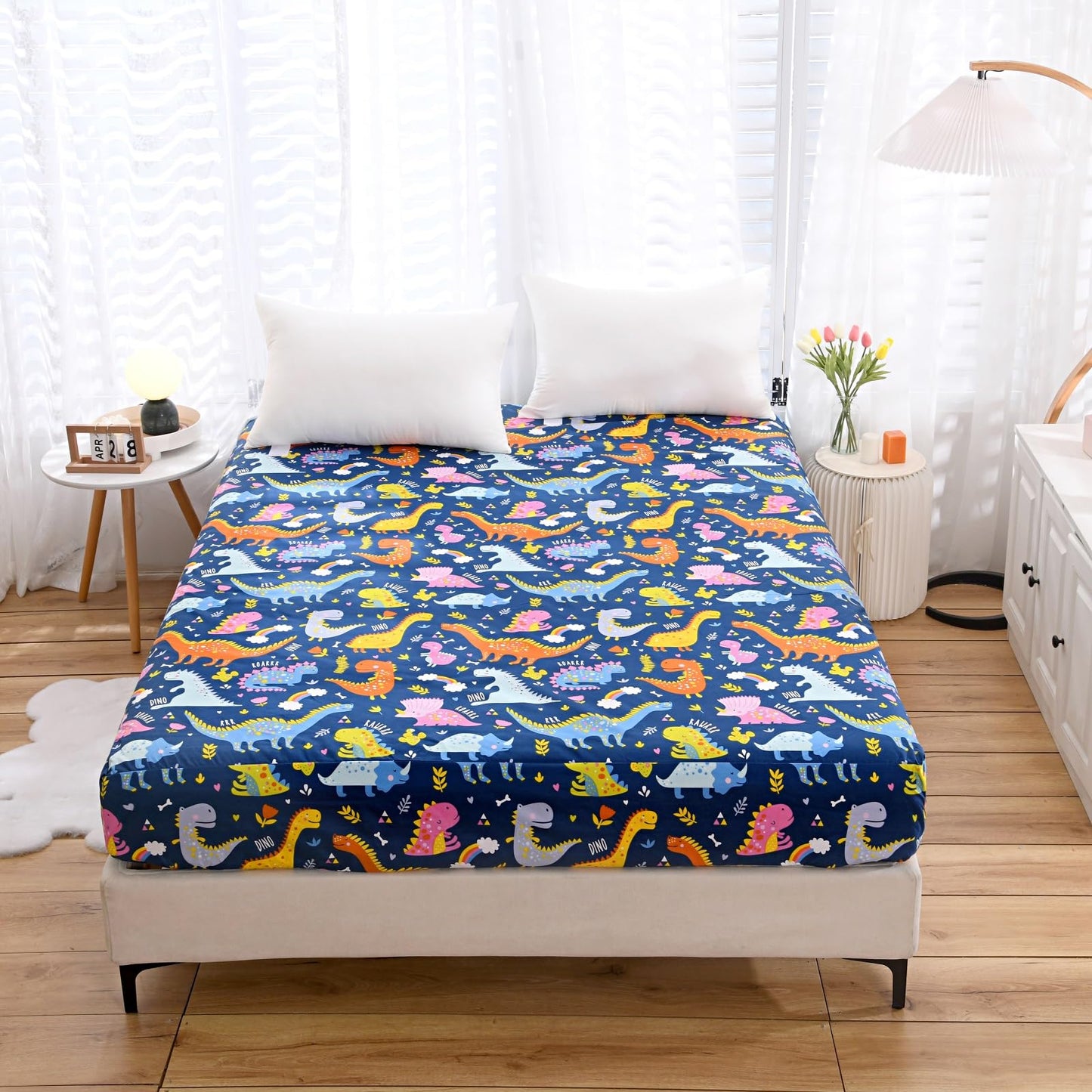 NATURETY Bedding Fitted Sheet with Deep Pocket,Dino Printed Thicken Soft Fabric Bed Sheets (Navy Blue(Dinosaur), Queen)