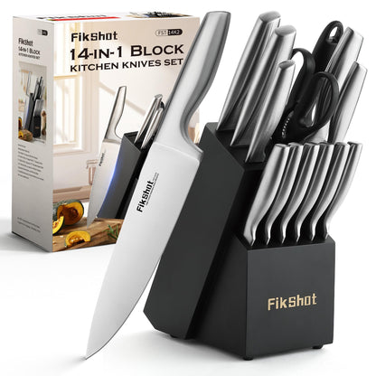 FIKSHOT Kitchen Knife Set, German Stainless Steel kitchen knives – Includes Knife Block Set & Sharpener, High Carbon, Rust-Resistant, Ergonomic Handle for Cooking, Grilling & Gifting