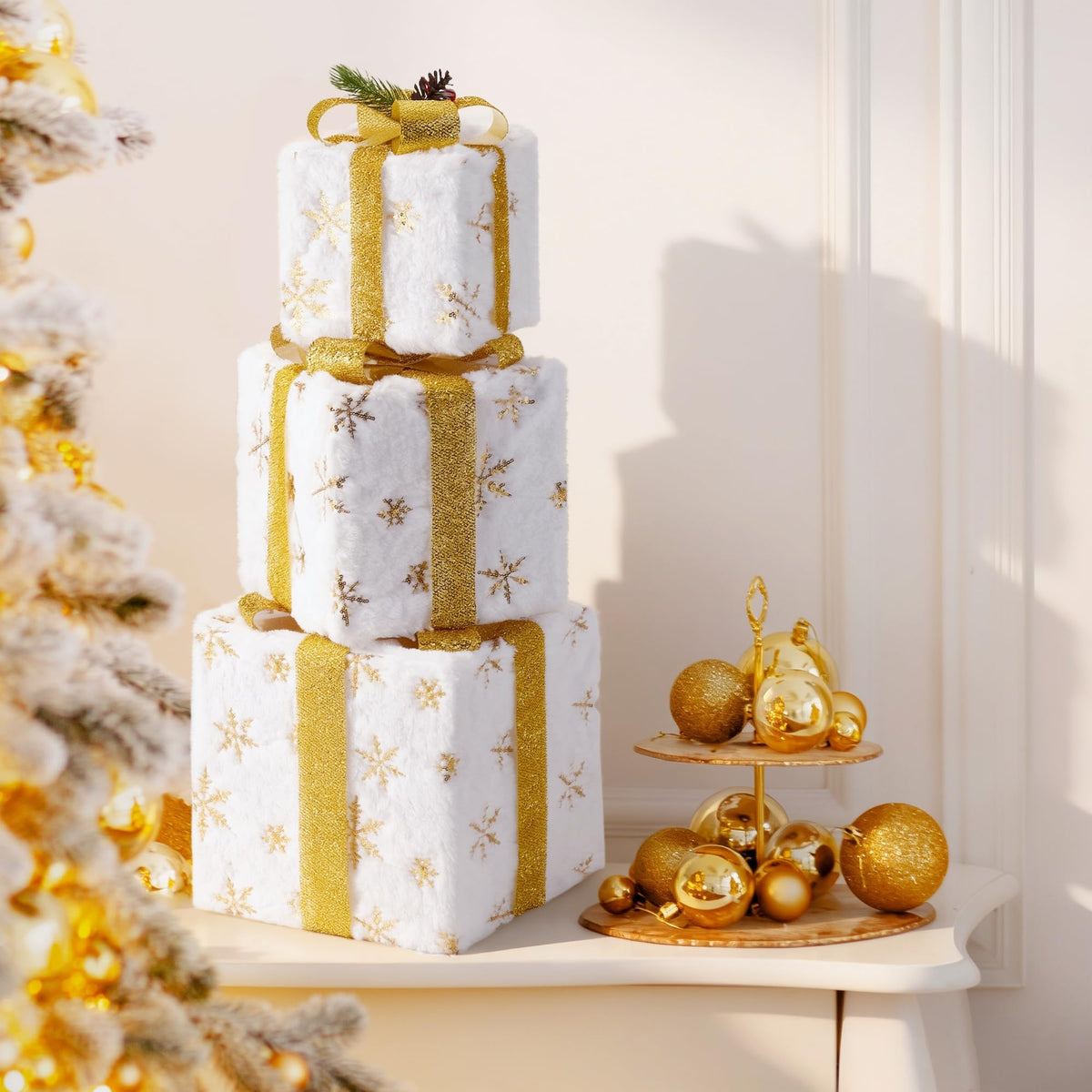 Set of 3 Christmas Lighted Gift Boxes, Plush Pre-lit 70 LED Light Up Present Boxes with Gold Snowflake, Battery Operated Christmas Decorations for Indoor Home, Housen Solutions