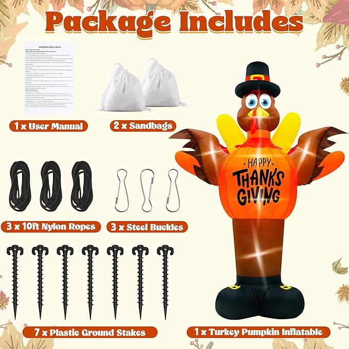 14FT Thanksgiving Turkey Inflatables, Extra Large Blow Up Thanksgiving Turkey Wearing Pumpkins, Pre-lit Happy Thanks Giving Outdoor Inflatable Decorations