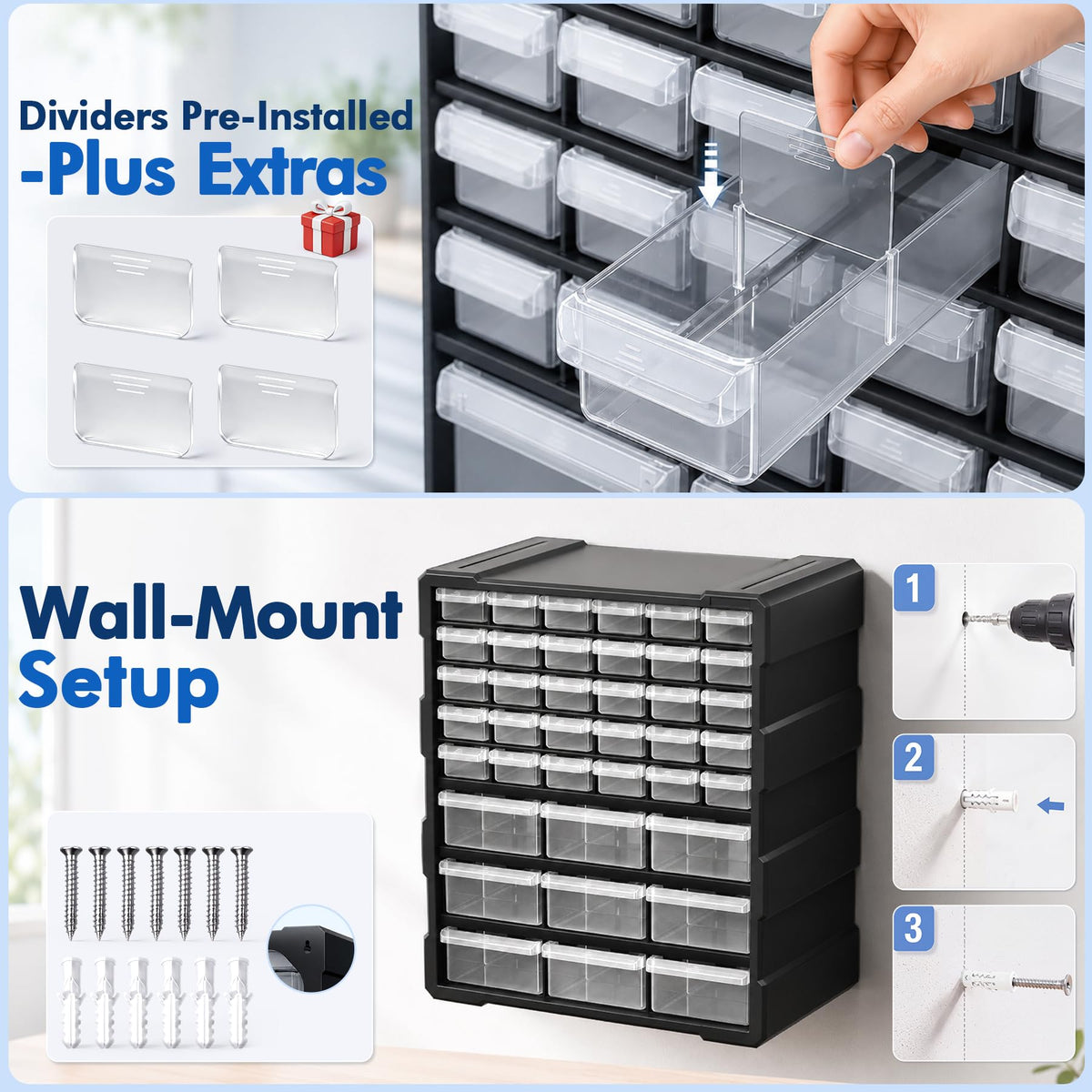 PurKeep 𝟔𝟐% 𝟎𝐅𝐅 Drawer Organizer for Garage Building Bricks Storage,Thicker Craft Organizers Storage with Dividers Labels for Hardware,Screws,Nuts Bolts,Teacher Toolbox,Charms, Beads,Craft