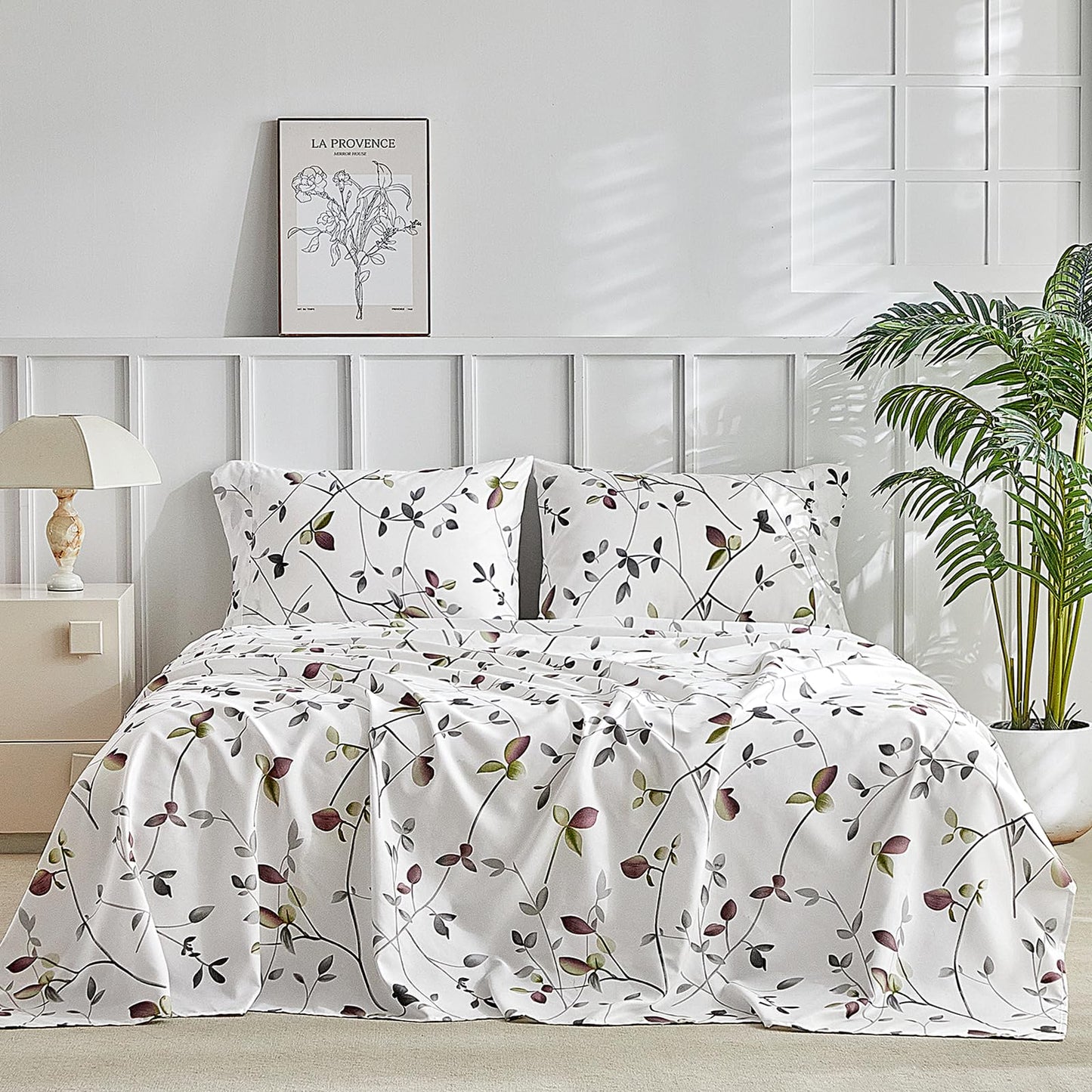 Tokokimo Floral Sheets Set King Size, 16 inches Deep Pocket Fitted Sheet, Flat Sheet & Envelope Closure Pillowcases, Soft Breathable Microfiber Sheet Set 4-Piece, White Leaf Floral