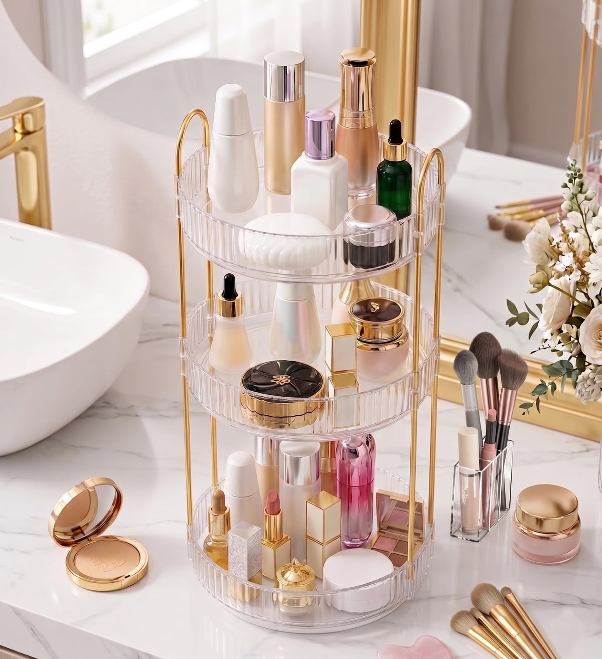 Aveniee 3-Tier 360° Rotating Makeup Organizer, Clear Spinning Perfume Cosmetic Storage for Vanity Countertop, Sturdy Metal Pole Skincare Holder Stand for Bathroom Dresser, White