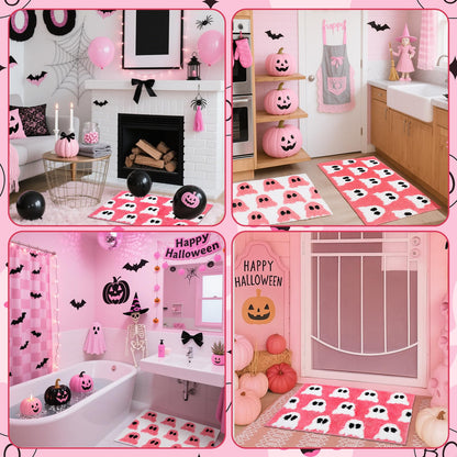 Tinideya 2 Pcs Gothic Bathroom Rugs Decor Pink White Ghost Bathroom Mat Gothic Rug Non Slip Front Door Mat Carpet for Bedroom Home Living Room Kitchen Floor Decor 31.5 x 19.7 Inch