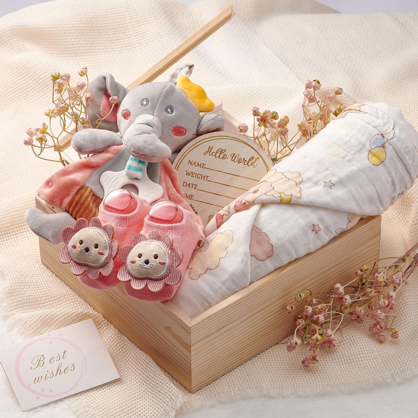 TUZT Wooden Baby Girls Gift Set, Baby Shower Gifts for Girls, Unique Newborn Essential Stuff with Blanket Onesies Lovey Bib and Socks, Gender Reveal Ideas Infant Welcome Baby Girl Shower Party
