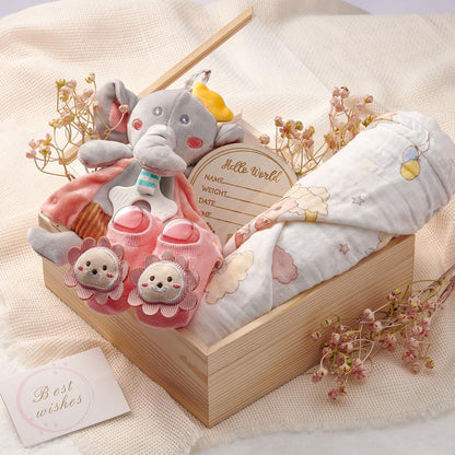 TUZT Wooden Baby Girls Gift Set, Baby Shower Gifts for Girls, Unique Newborn Essential Stuff with Blanket Onesies Lovey Bib and Socks, Gender Reveal Ideas Infant Welcome Baby Girl Shower Party