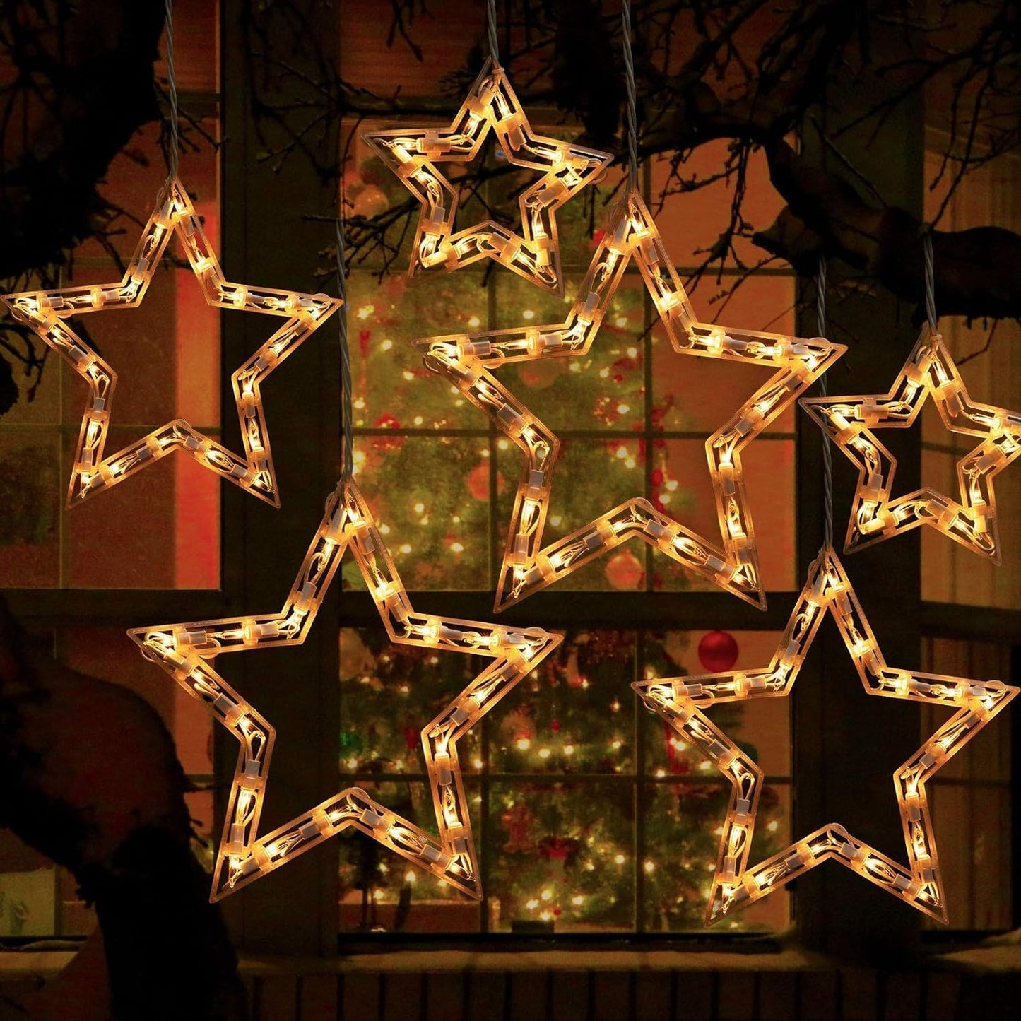 Christmas Star Window Lights with 9 Drops - 13ft Star Icicle String Lights with 150 Mini Bulbs, Plug-in Connectable Curtain Hanging Lights for Christmas Home Indoor Outdoor Party Holiday Decor