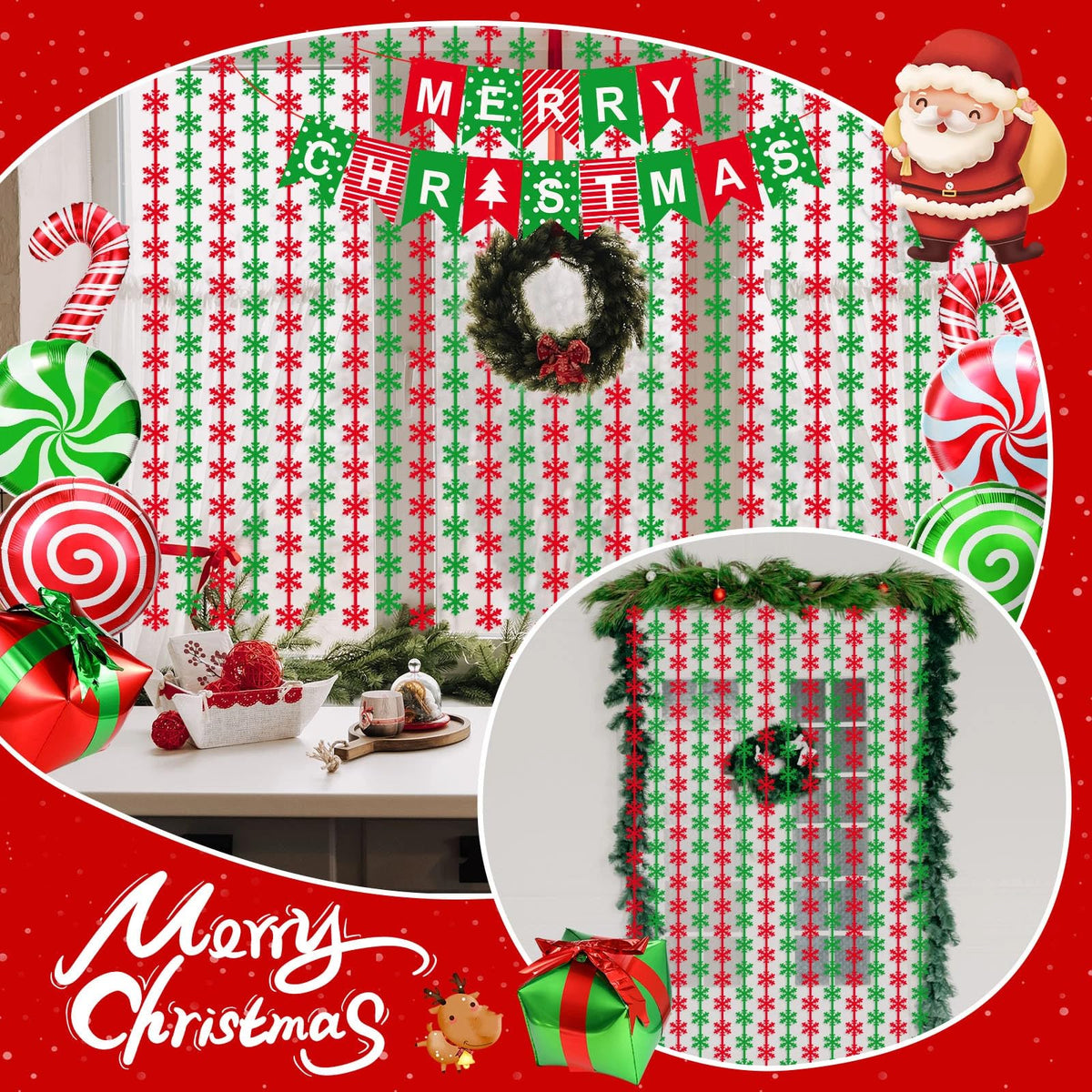 Blosssound 11PCS Christmas Decorations Set Xmas Foil Fringe Curtains Backdrop Christmas Banner Lollipop Candy Cane Balloon Red Green Snowflake Garland for Christmas New Year Ugly Sweater Party Decor
