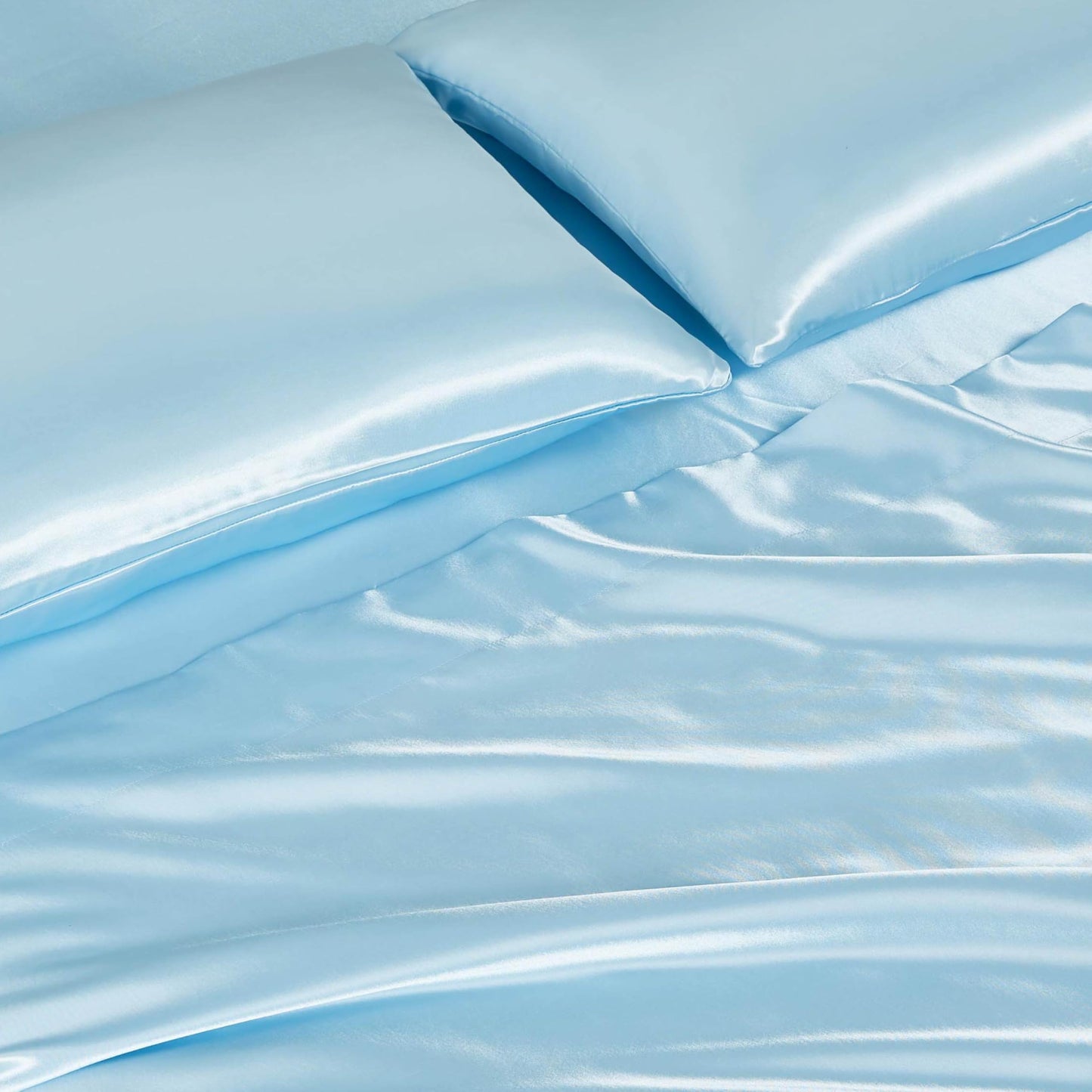 Juicy Couture Full Size Silky Satin Bed Sheet Set, Deep Pocket Satin Full Sheet Set with 1 Fitted Sheet, 1 Flat Sheet and 2 Pillowcases, Wrinkle Resistant & Anti Pilling Bed Sheets - Light Blue