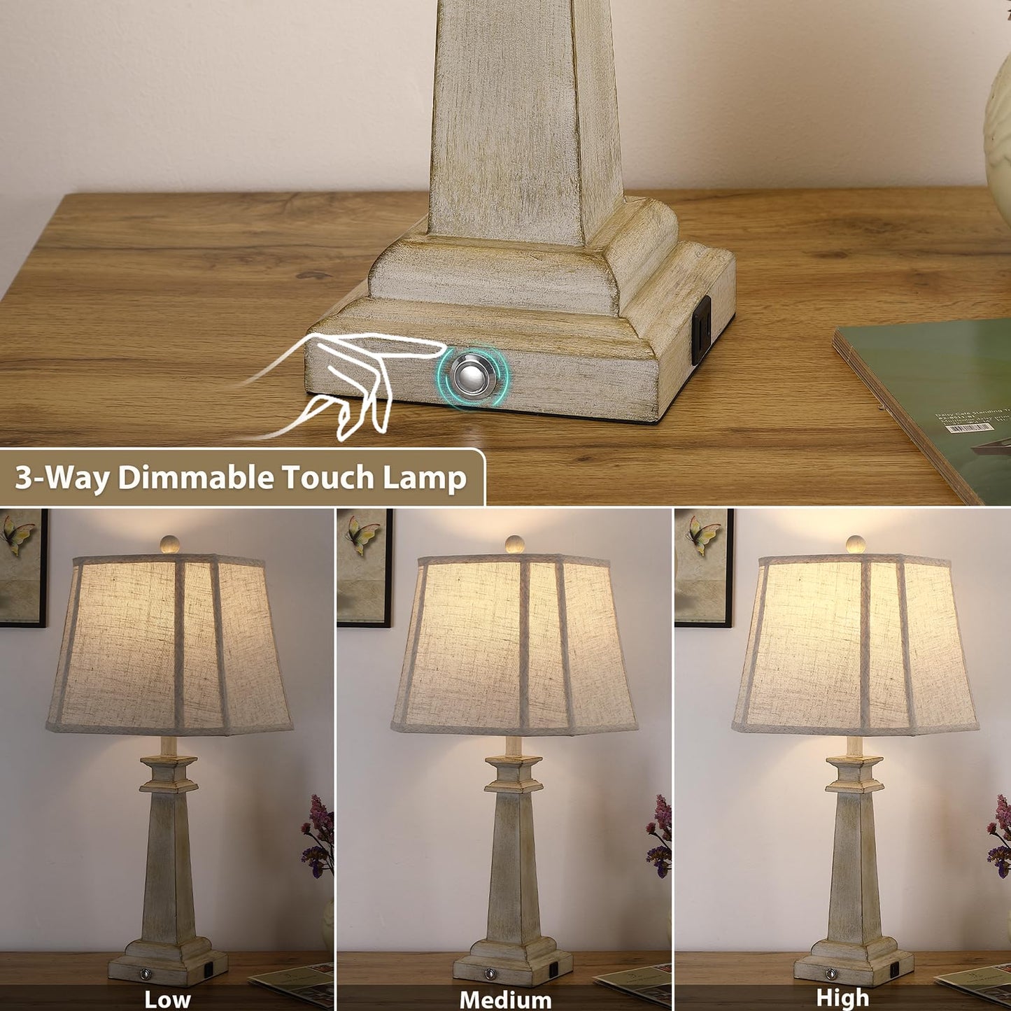 Hapcrea 27.5" Table Lamps Set of 2, 3-Way Dimmable Touch Lamps for Nightstand, Farmhouse Table Lamp for Living Room and Bedroom with USB A+C Charging Ports, Bulbs Included (Antique White)