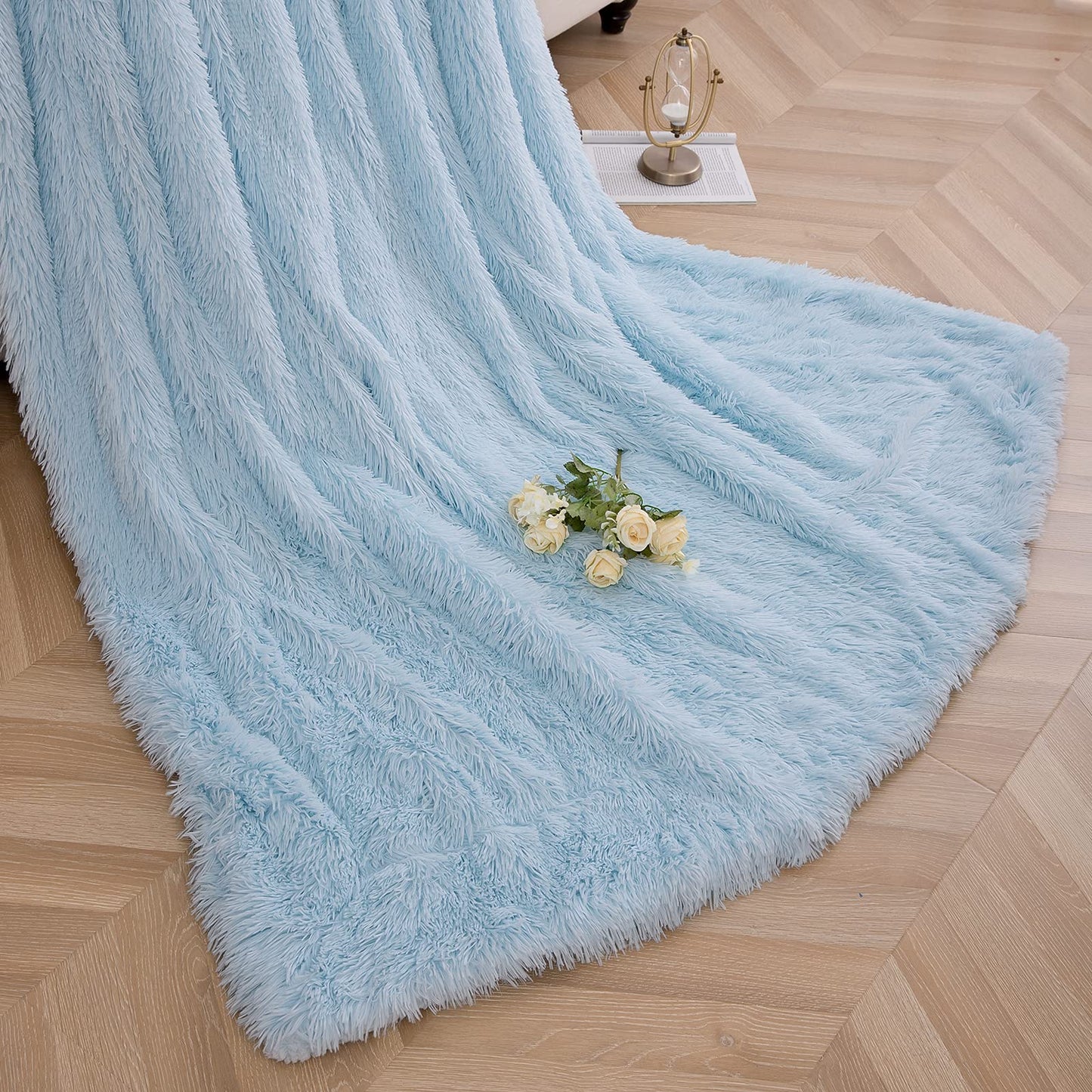 Faux Fur Throw Blanket, Super Soft Lightweight Shaggy Fuzzy Blanket Warm Cozy Plush Fluffy Decorative Blanket for Couch,Bed, Chair (Light Blue, 51"x63")