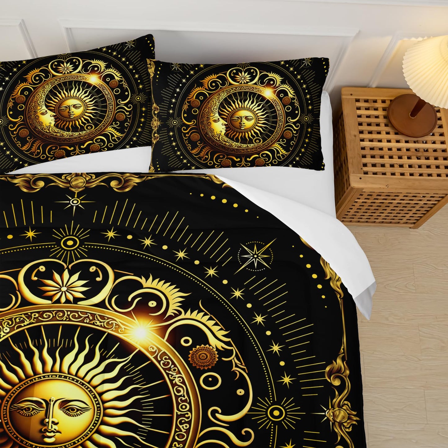 lneffble Black and Gold Twin Size Sun and Moon Comforter Set，Quilts Twin Size Bedding Sets Sun Moon，with 1 Comforter with 2 Pillow Case