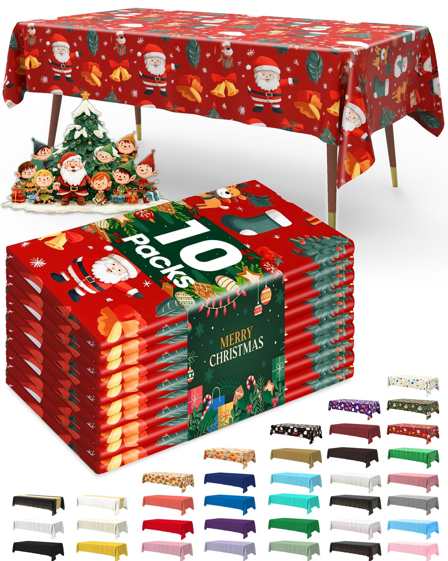 Pureegg Plastic Table Cloth Disposable 10 Pack, 54 x 108 Inch Table Cloths for Parties, Decorative Tablecloths for Rectangle Tables, Christmas Tablecloth Plastic, Leakproof & Sturdy, Christmas Red