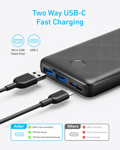 Anker Power Bank, 325 Portable Charger, 20,000mAh Battery Pack with PowerIQ Tech, USB-C Input and Output Ports for iPhone 17/16/15 Series, Samsung Galaxy, AirPods, and More (PowerCore Essential 20K)