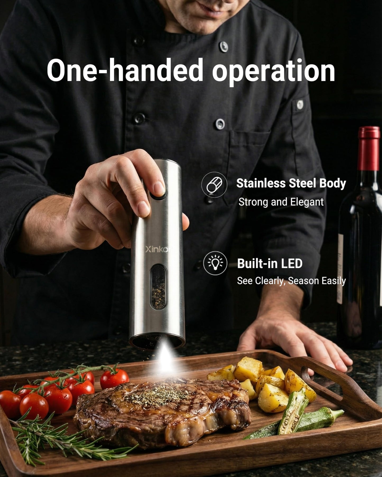 XINKOR Electric Salt and Pepper Grinder Set with USB-C Charging Base, Stainless Steel Automatic Rechargeable Salt and Pepper Grinder with LED Light & Large Capacity, 6 Adjustable Coarseness Settings