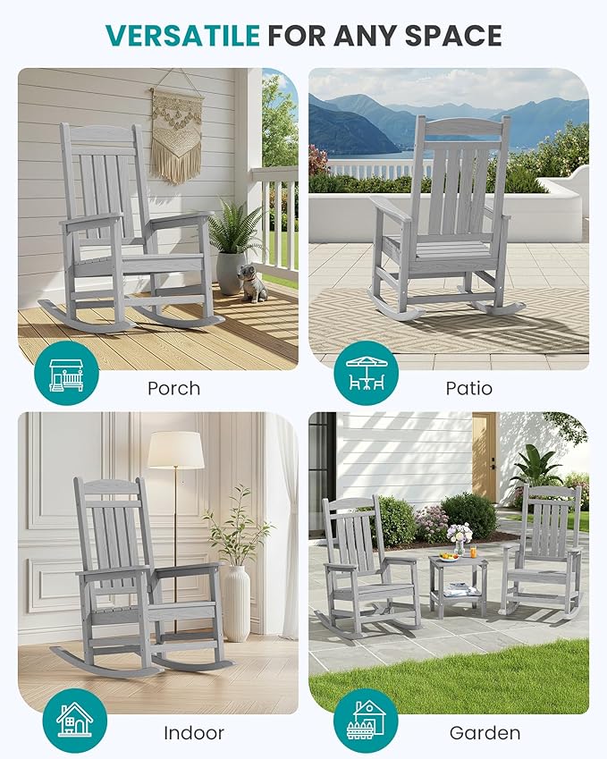SERWALL Oversized Outdoor Rocking Chair, All-Weather Patio Rocking Chair, HDPE Porch Rocker for Adults, Light Gray