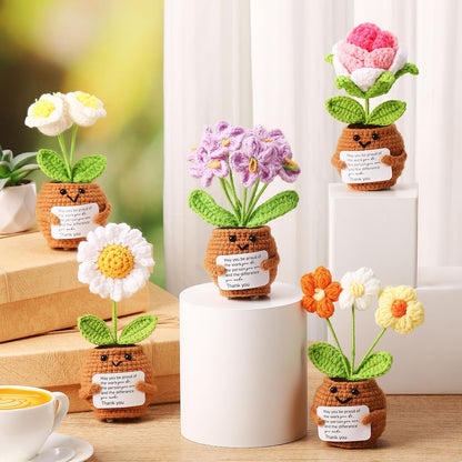 Geelin 6 Sets Positive Employee Appreciation Mini Crochet Flower Potted Doll with Card Emotional Rose Daisy Crochet Support Thank You Plants May You Positive Gift for Women Coworker Employee Teacher