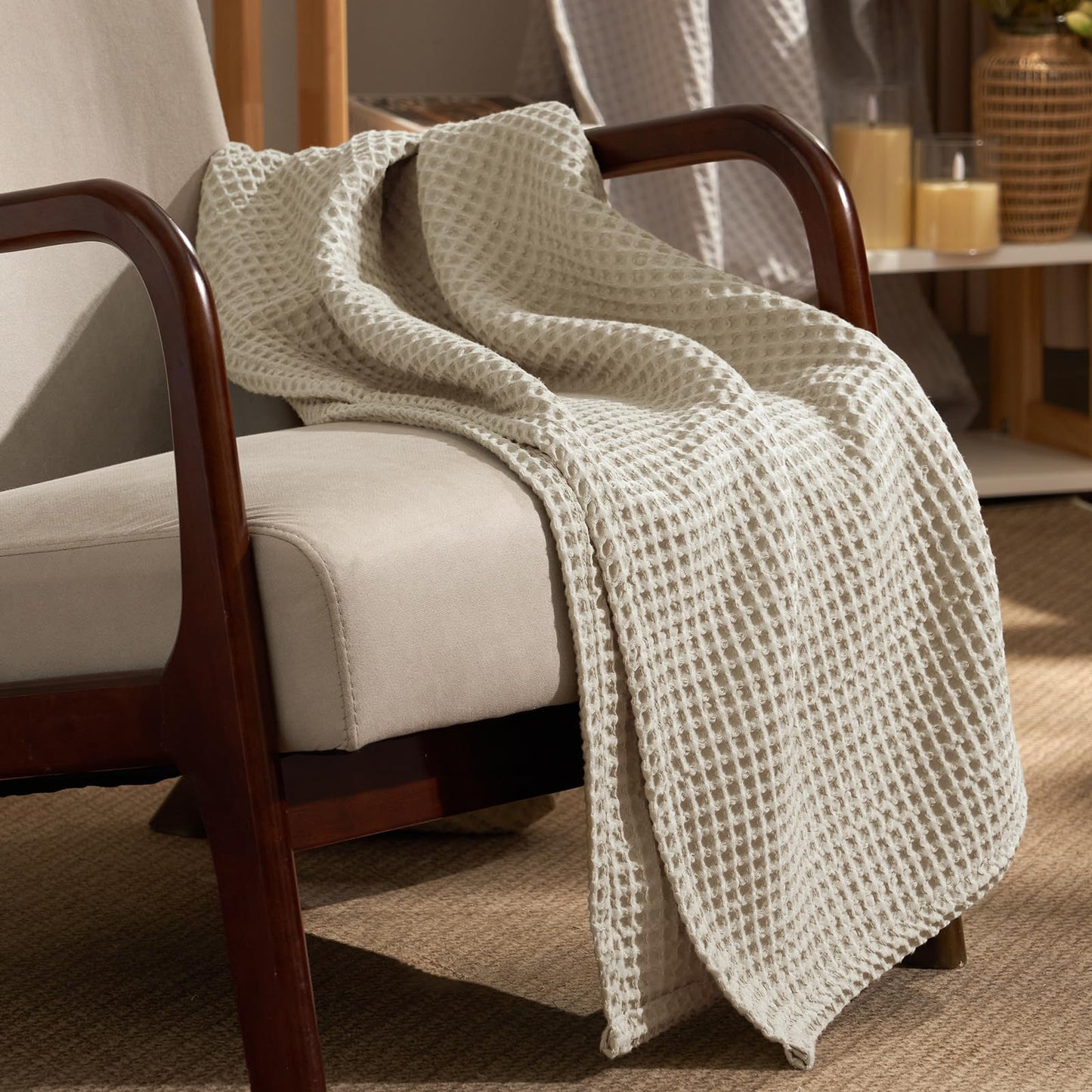 PHF Ultra Soft Waffle Weave Blanket Throw Blanket, Lightweight Breathable Cooling Skin-Friendly Throw for Spring Summer for Hot Sleeper，Aesthetic Home Decor for Bed Couch, Light Khaki/Linen, 50"* 60"