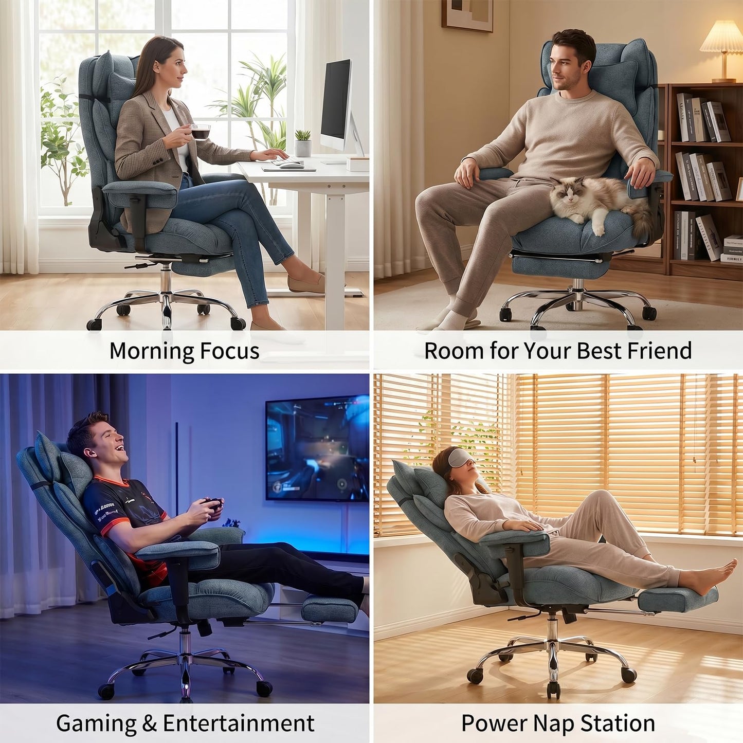 mokodo Ergonomic Office,Fabric Executive Desk Chair with Pocket Spring Cushion, 155° Reclining Computer Chair, Big and Tall Heavy Duty Seat with Adjustable Headrest & Lumbar Support (Dark Blue)