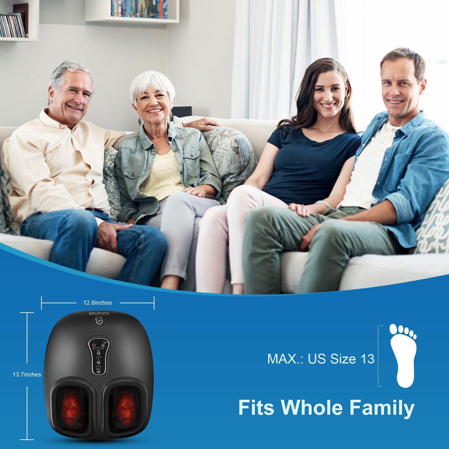 COMFIER Foot Massager with Heat,Kneading,Vibration,Compression,Pause Function,Shiatsu feet Massager for Plantar Fasciitis Neuropathy, Gifts for Him/Her,Remote Control,Size 13