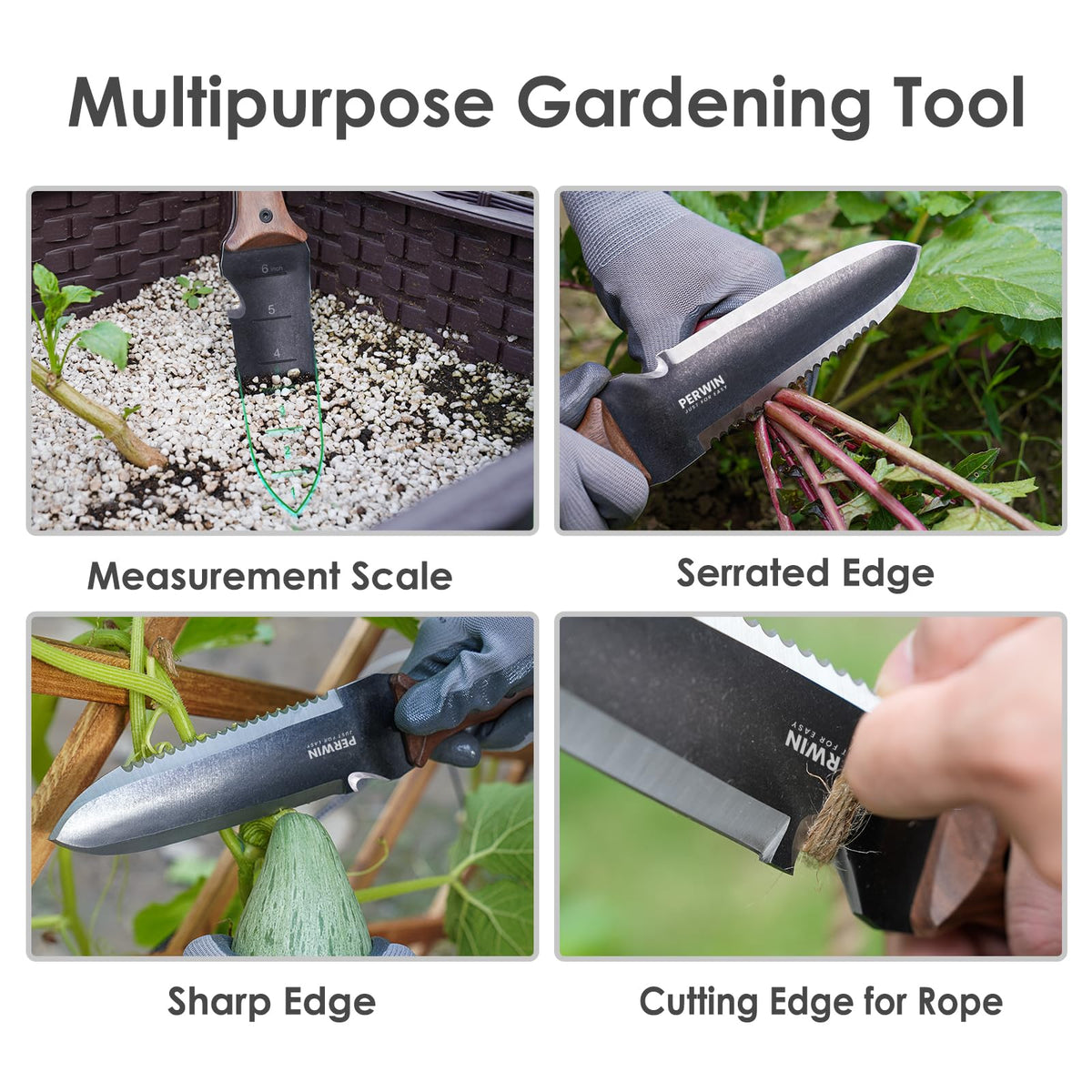PERWIN Hori Hori Garden Knife, Garden Tools with Sheath for Weeding, Planting, Digging, 7" Stainless Steel Blade with Cutting Edge, Full-Tang Wood Handle with Hanging Hole