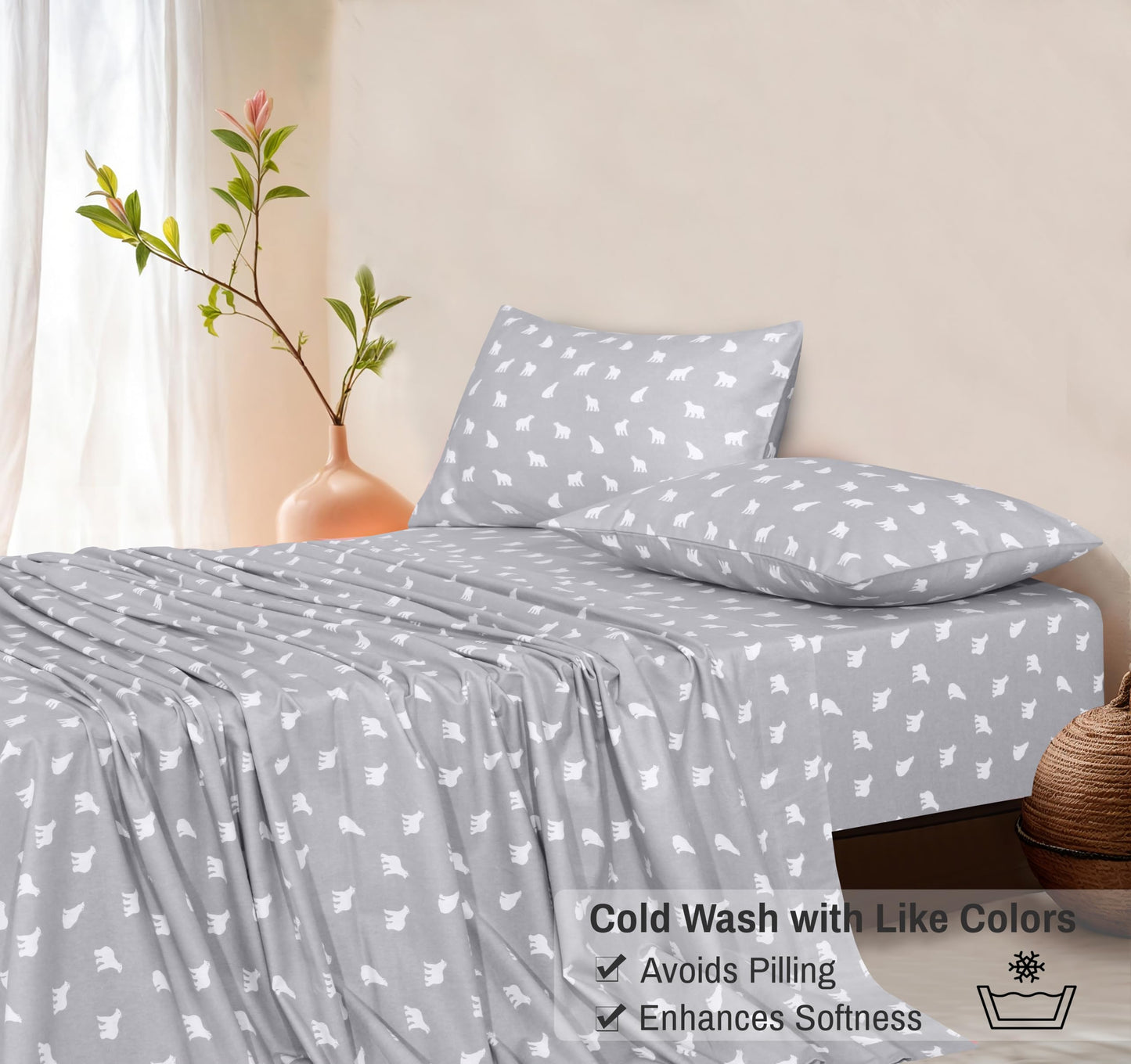 RUVANTI Flannel Sheets Queen Size - GOTS Certified 100% Organic Cotton, 4 Piece Warm, Soft & Breathable Set, Deep Pocket Snug Fit, Double Brushed Cozy All Season Bedding, Baby Bear