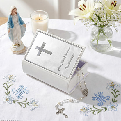 Liliaafar First Communion Rosary Beads Necklace Gifts with Engraved Keepsake Gift Box 20.5 Inch Stainless Steel Glass Beads Catholic Rosary with Cross for First Holy Communion