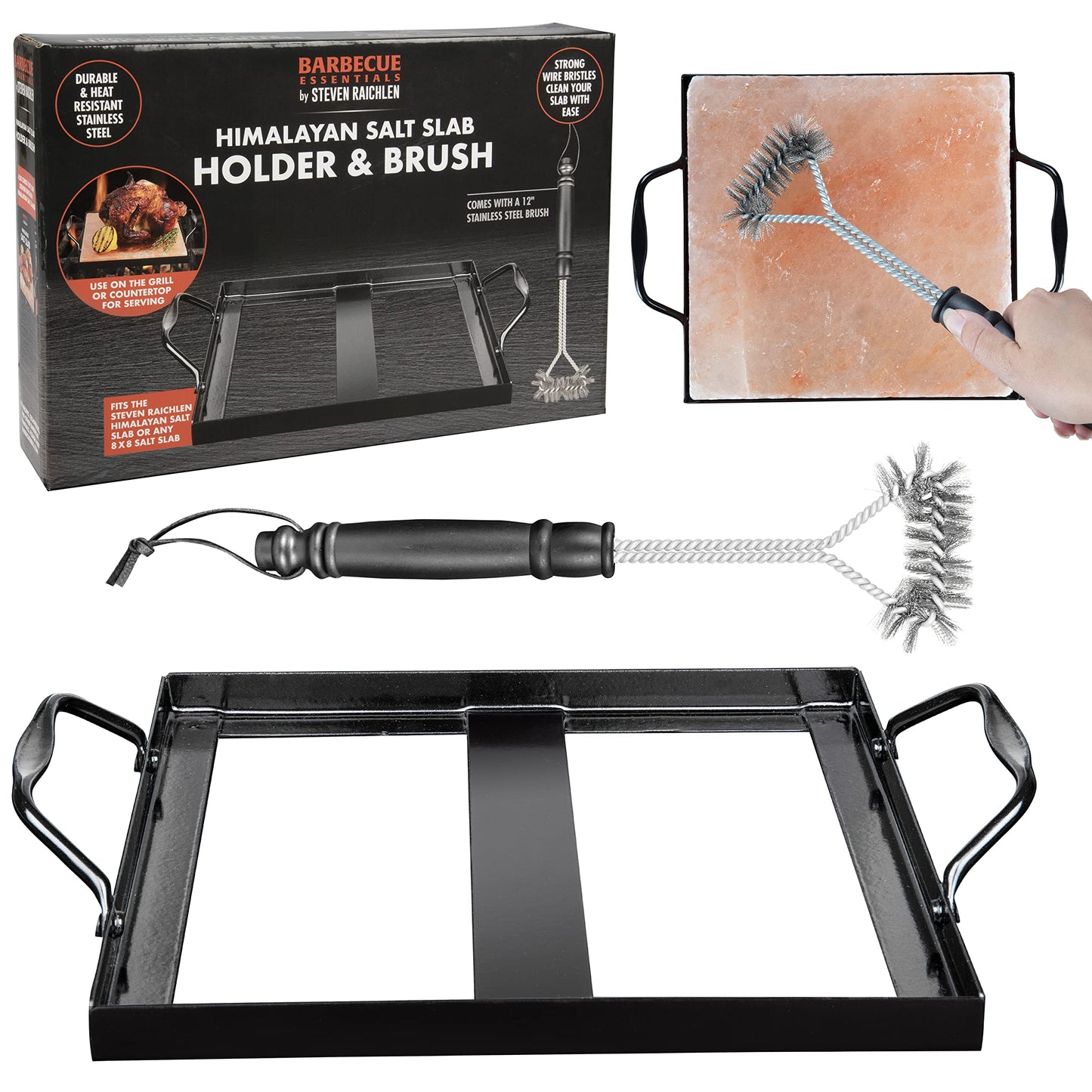Steven Raichlen's Himalayan Salt Block Holder for 8x8 Salt Slabs with Stainless Steel Grill Brush – Heavy-Duty BBQ Rack with Handles – Grilling & Cooking Accessories for Indoor & Outdoor Use