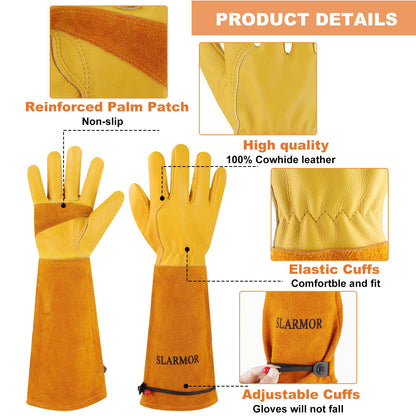 SLARMOR leather Gardening Gloves for Women/Men - Thorn Proof Cowhide Leather Rose/Blackberry Pruning Heavy Duty Garden Gloves Thick Palm Gauntlet Garden Work Gloves with Forearm Protection