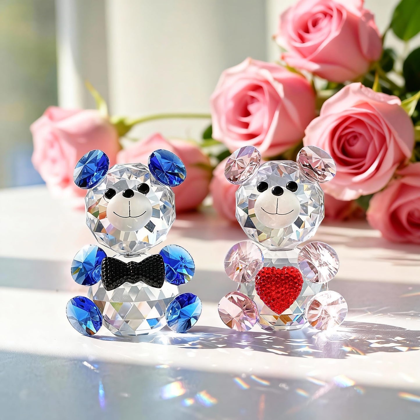 HDCRYSTALGIFTS 2pcs Crystal Bear Figurine Collectibles Gift for Mom Women 2.4inch Art Glass Teddy Bear Animals Paperweight Statue Anniversary Birthday Home Tabletop Wedding Party Decor