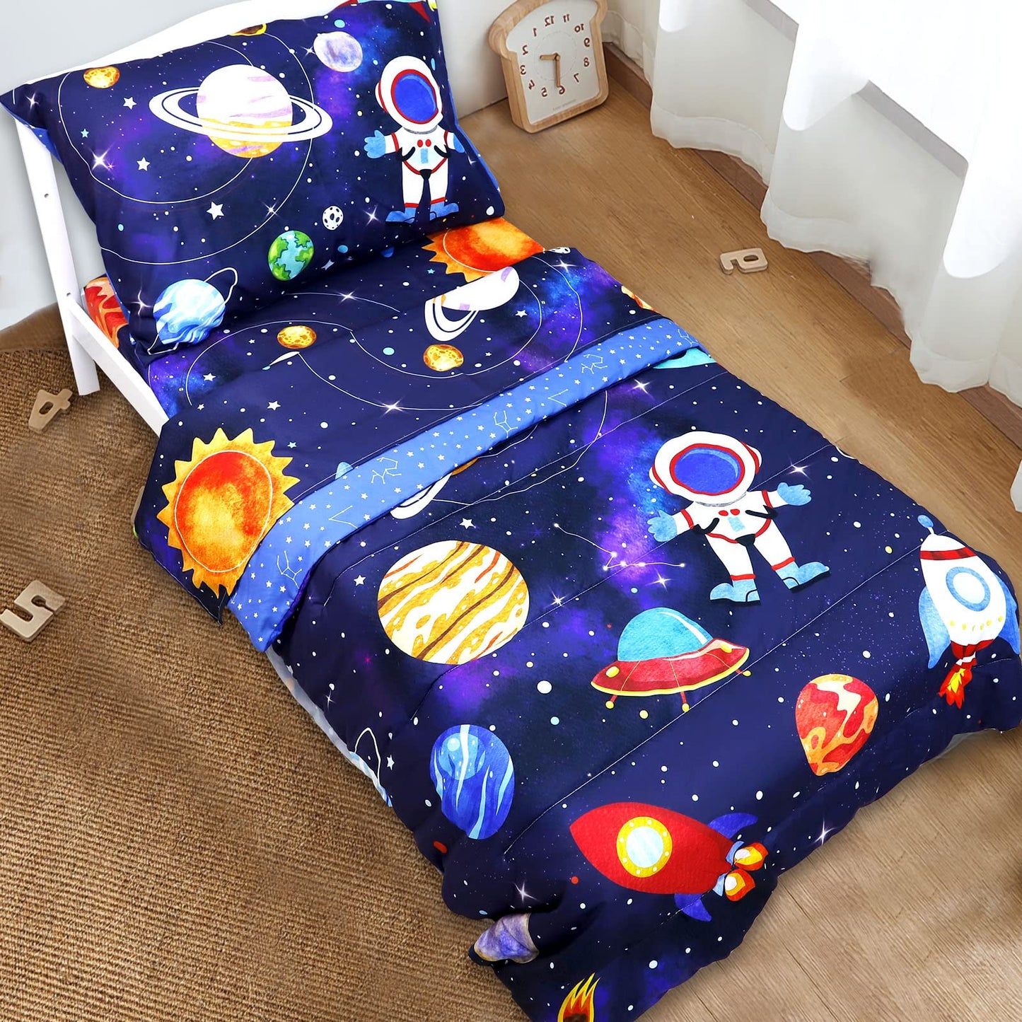 SWESEN Toddler Bedding Set for Boys, Blue Space Toddler Boy Bedding Set, Soft & Lightweight 4 Piece Toddler Comforter Sets Include Comforter, Flat Sheet, Fitted Sheet, Pillowcase