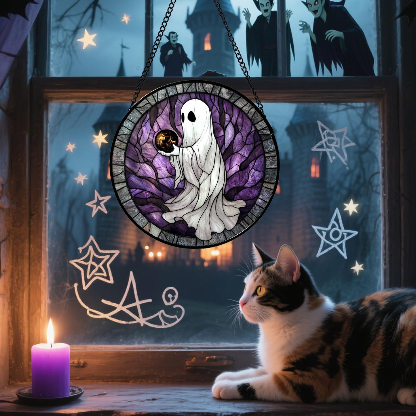 AMDERVEN Stained Glass Window Hanging - HalloweenGhost Magician Black Purple Crystal Ball Suncatcher for Doors Garden Spooky Sun Catchers Gothic Decorations Horror Gifts for Women Men Friend 9.8 in