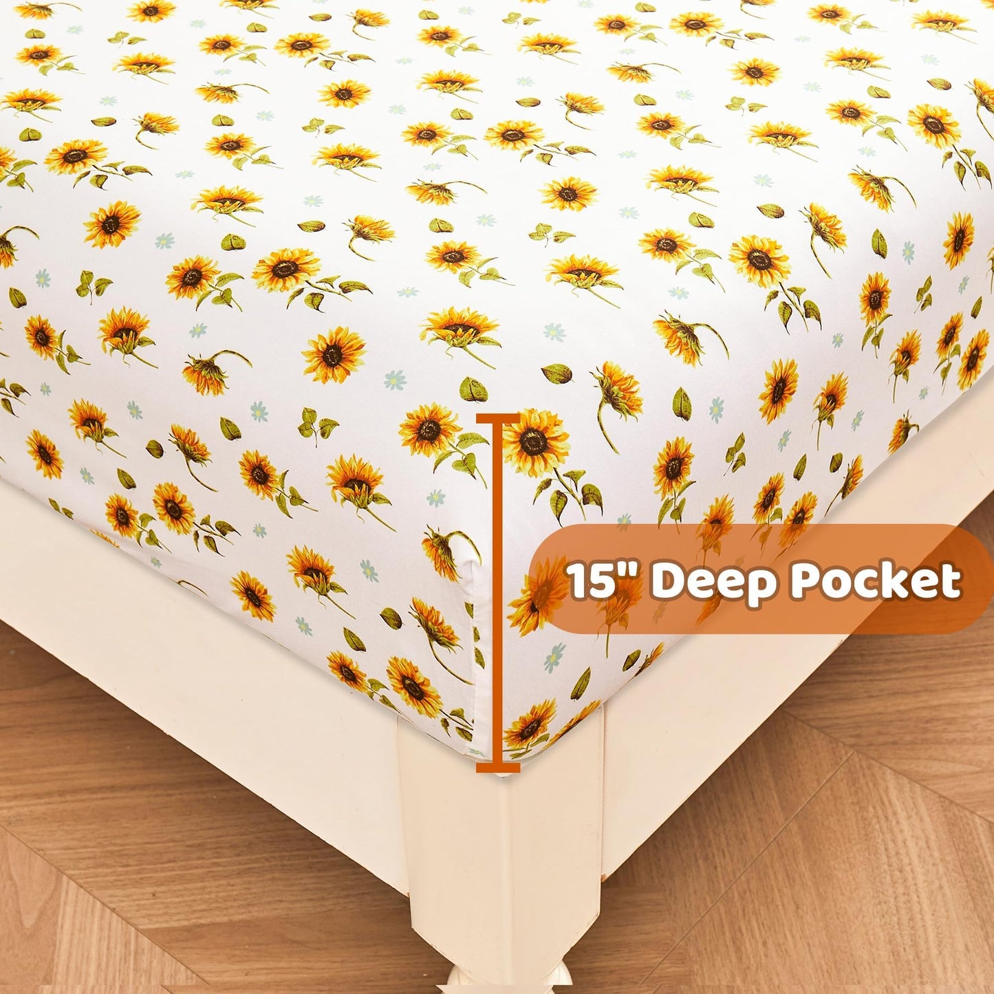 Softan Yellow Floral Sheet Set King, Sunflower Printed Bed Sheets King, Brushed Microfiber Fitted Sheet with 15" Deep Pocket & Non-Slip Straps, Yellow Flower Patterned Sheet & Pillowcase Sets
