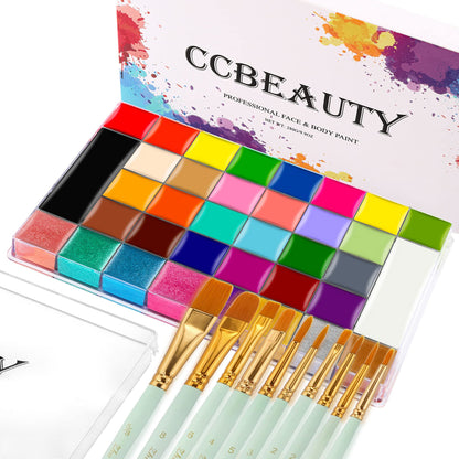 CCbeauty 36 Colors Face Body Paint,Professional Large Face Painting Kit,Neon Face Painting Palette,Oil-Based Non-Toxic Special Effect SFX Makeup Kit,Halloween Costume Cosplay For Adult With 10 Brushes